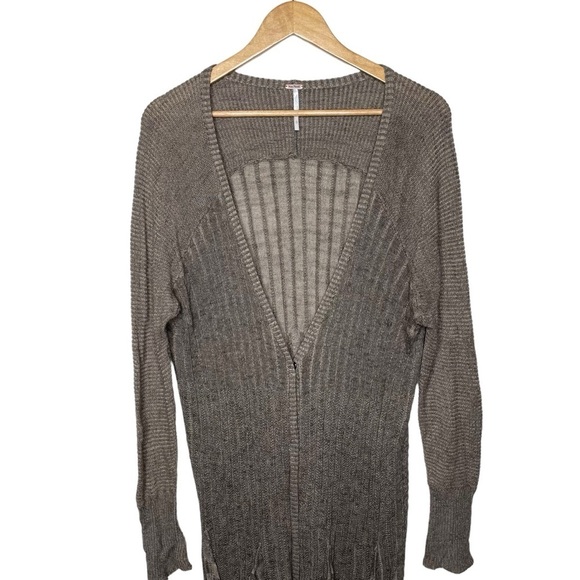 Free People Shadow Stripe Snap Button Duster Cardigan Taupe Beige Large - Picture 6 of 12